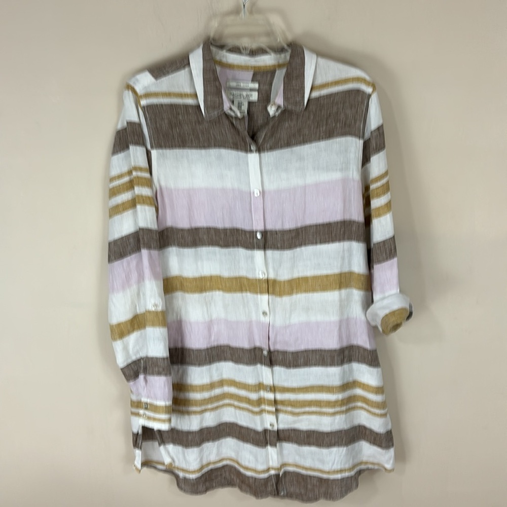 Rachel Zoe 100% Linen Striped Button Up Top Tunic Shirt Size Medium